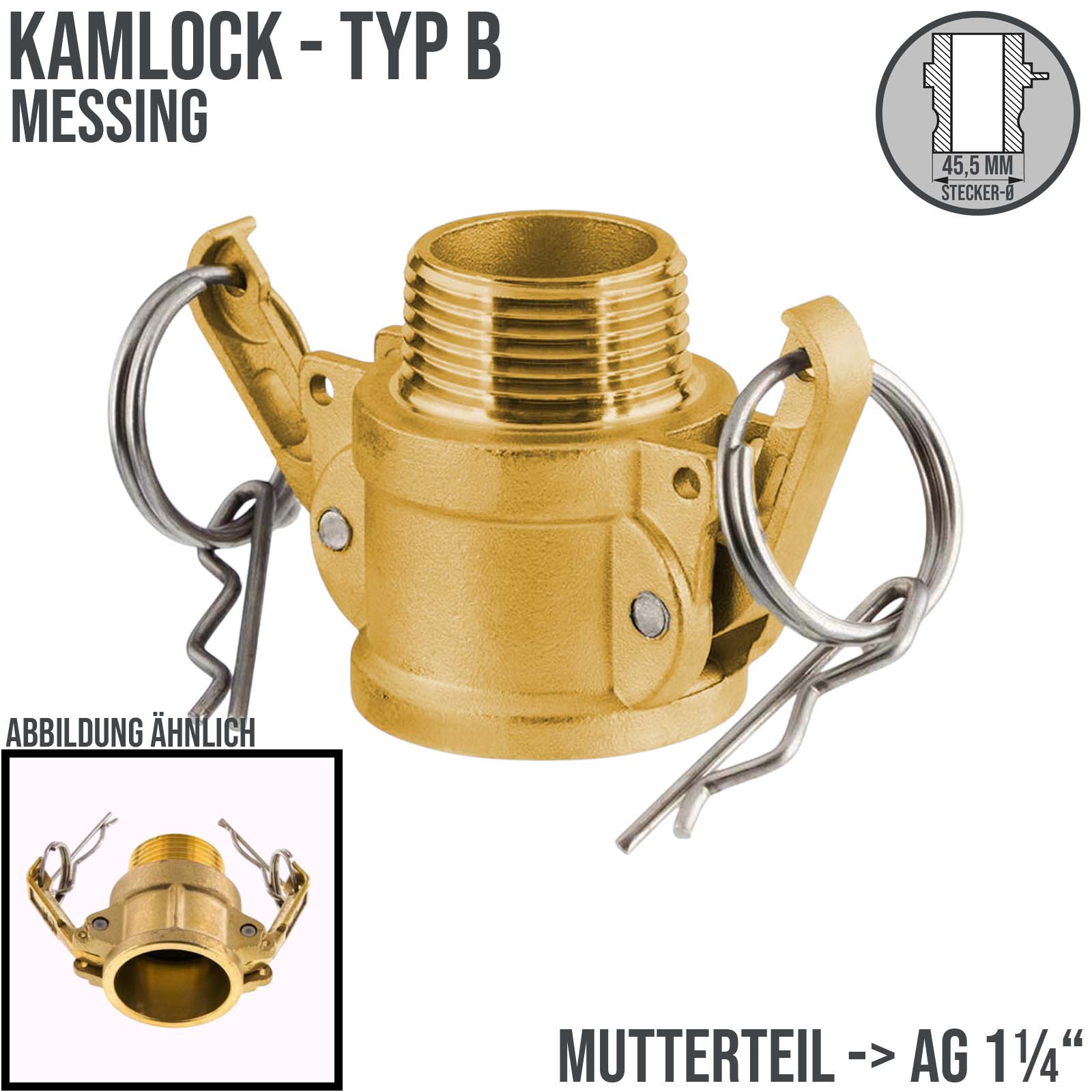 Kamlock Typ B - Mutterteil (45,5 mm) Messing MS mit Außengewinde (AG) 1 1/4" Zoll DN32 - PN 17 bar