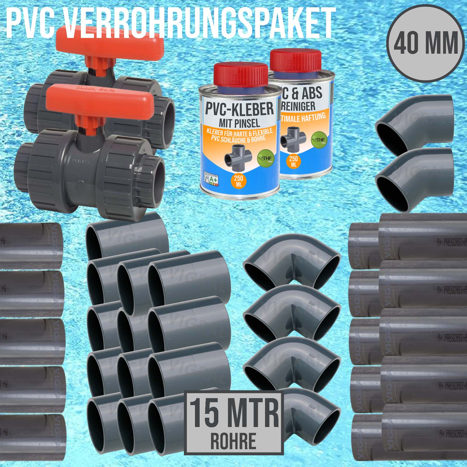 40 mm PVC Klebe Fittings Verrohrungspaket Pool Schwimmbad Schlauch Rohr FEST - 15 m - rot