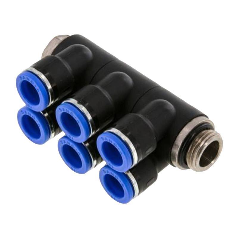 4 mm x 3/8" Pneumatik Steck Verbinder 6-fach Verteiler IQS Außengewinde zylindrisch - PN 20 bar