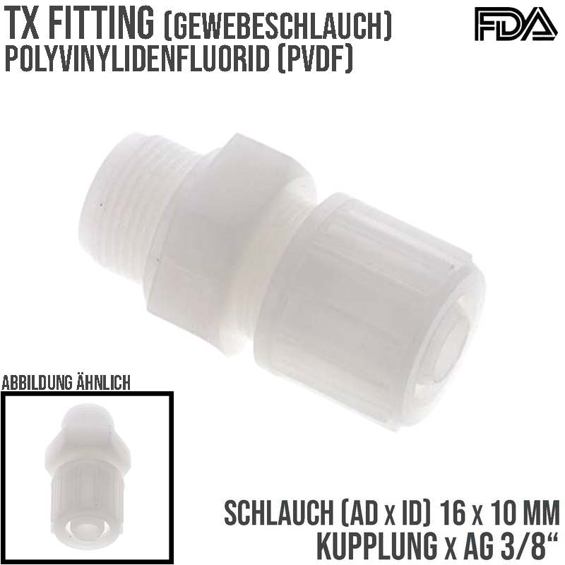 16 x 10 mm x 3/8" Kupplung Außengewinde TX Fitting Gewebe Schlauch Verbinder FDA PVDF weiß - PN 10 bar