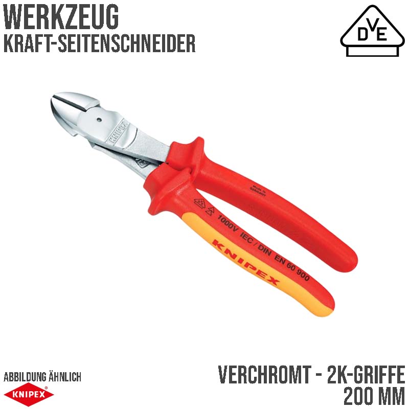 200 mm Kraft Seiten Schneider Zange VDE verchromt 2K Griffe Knipex