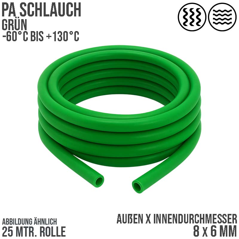 8 x 6 mm Polyamid PA Pneumatik Schlauch grün - PN 19 bar - 25 m