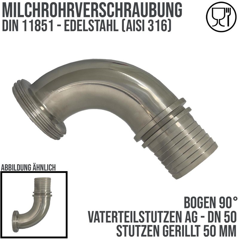 DN 50 Milchrohr Verschraubung DIN 11851 VT Vaterteil Stutzen 90° Bogen Außengewinde RD Sicherungsbund - Stutzen gerillt 50 mm - PN 25 bar