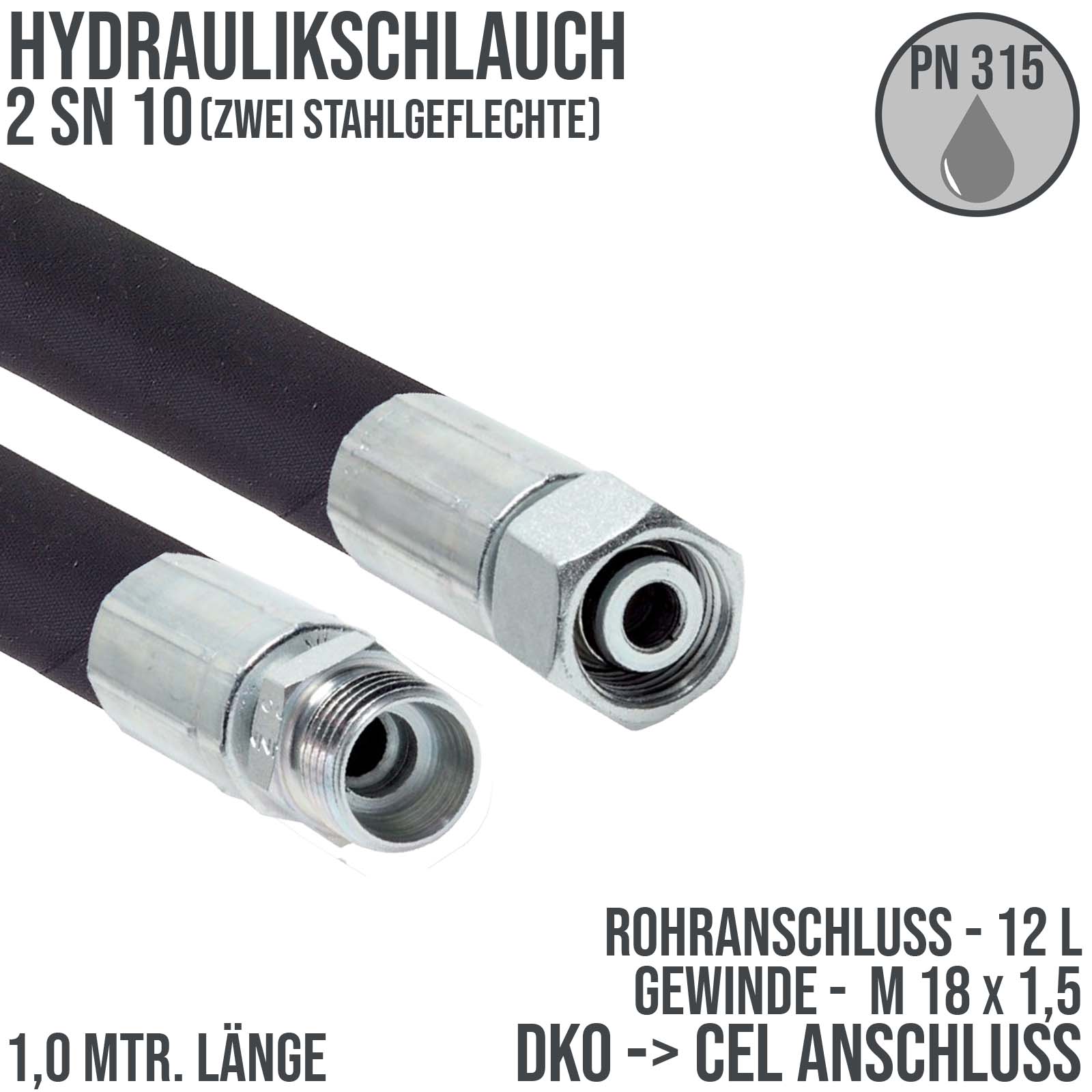 Hydraulikschlauch 2 SN 10 - 12 L DKO (IG) auf CEL (AG) Anschluss (M 18 x 1,5) - 1000 mm