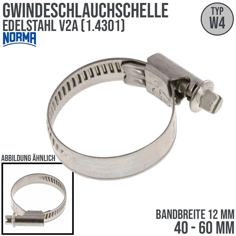 40 - 60 mm NORMA Schlauch Gewinde Rohr Schelle W4 Edelstahl 1.4301 - Band 12 mm