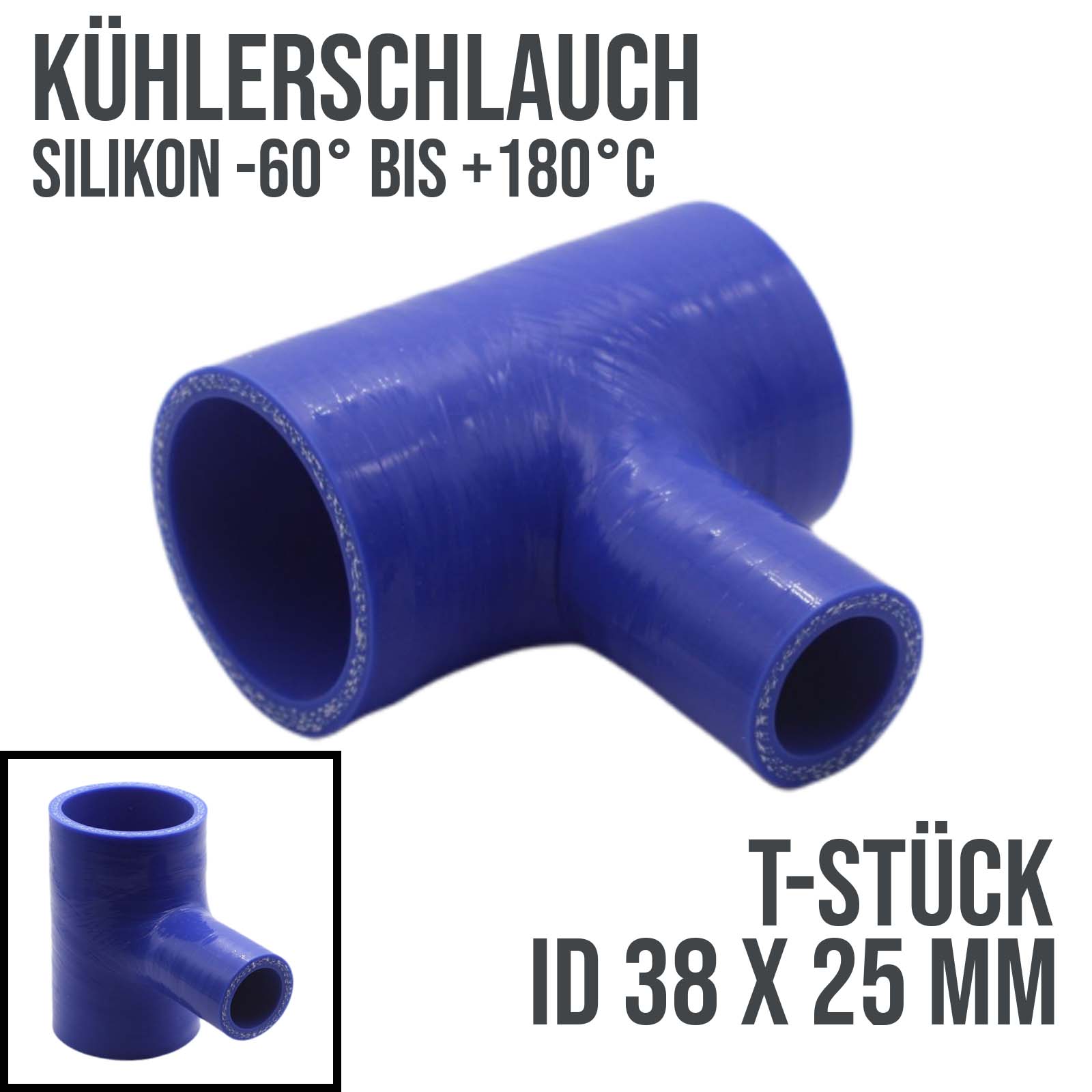 38 x 25 mm Kühlerschlauch T-Stück 90° Grad LLK Silikon Bogen Krümmer Verbinder Tülle Schlauch blau - Korpus 100 mm