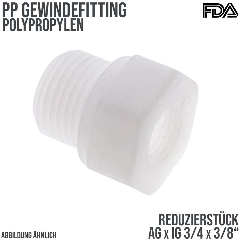 3/4" x 3/8" PP Gewinde Fitting FDA Reduzier Nippel Außen x Innengewinde Verbinder beige - PN 10 bar