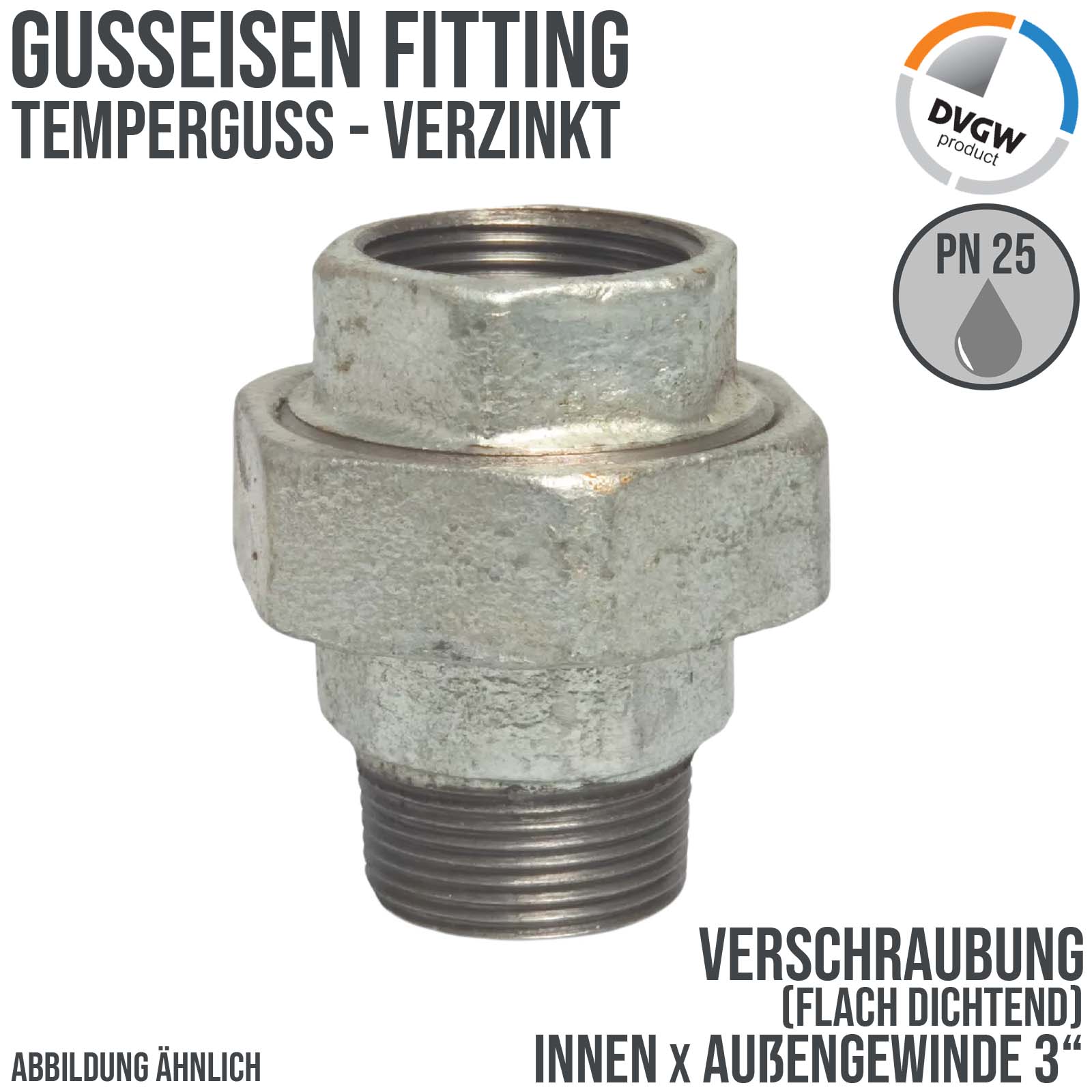 3" Gusseisen Temperguss Fitting Nr. 331 Verschraubung Innen x Außengewinde IG x AG DVGW PN 25 bar