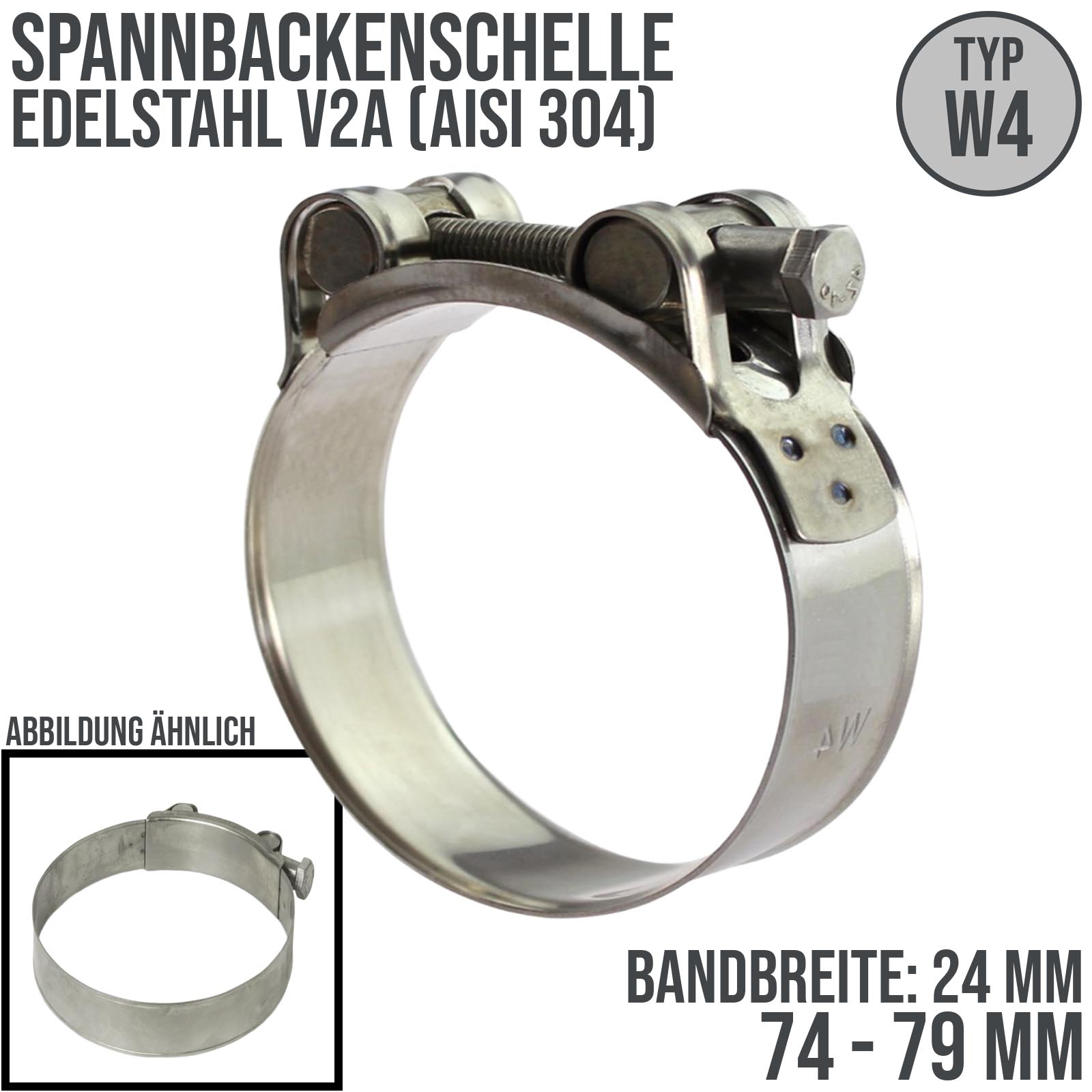 74 x 79 mm Gelenkbolzen (GBS) Spannbacken Panzer Schelle Edelstahl ASIS 304 Typ W4 - Bandbr.: 24 mm