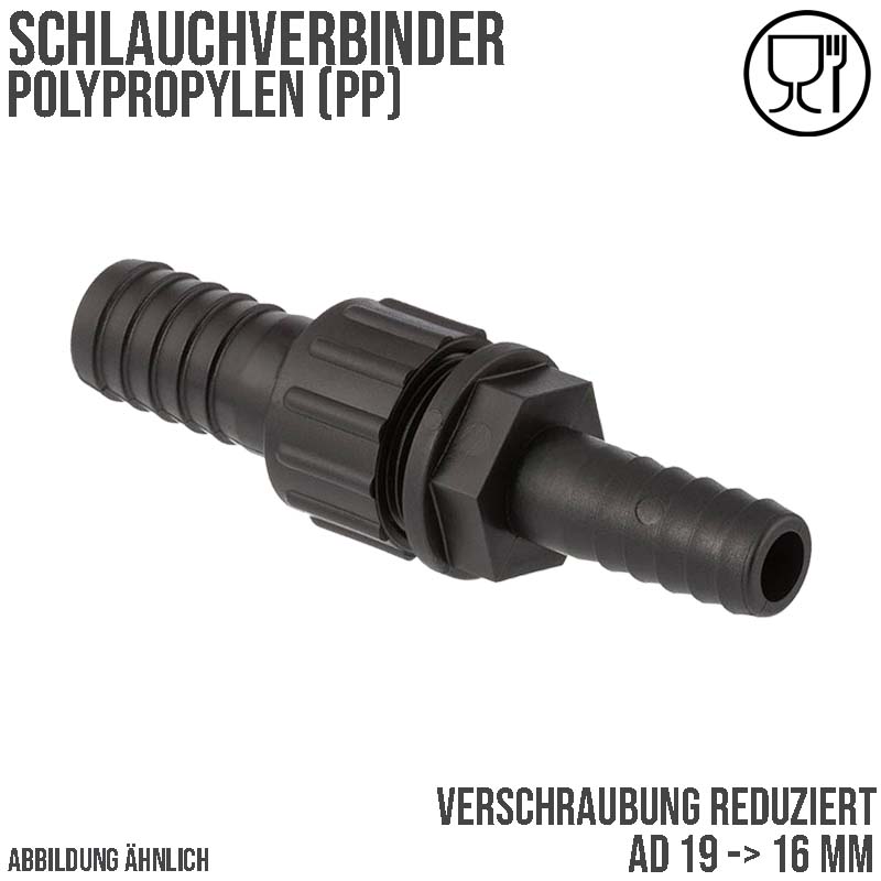19 x 16 mm Schlauch Verschraubung reduziert 2-fach Stutzen Tülle Pool Teich Garten PP schwarz - PN 6 bar