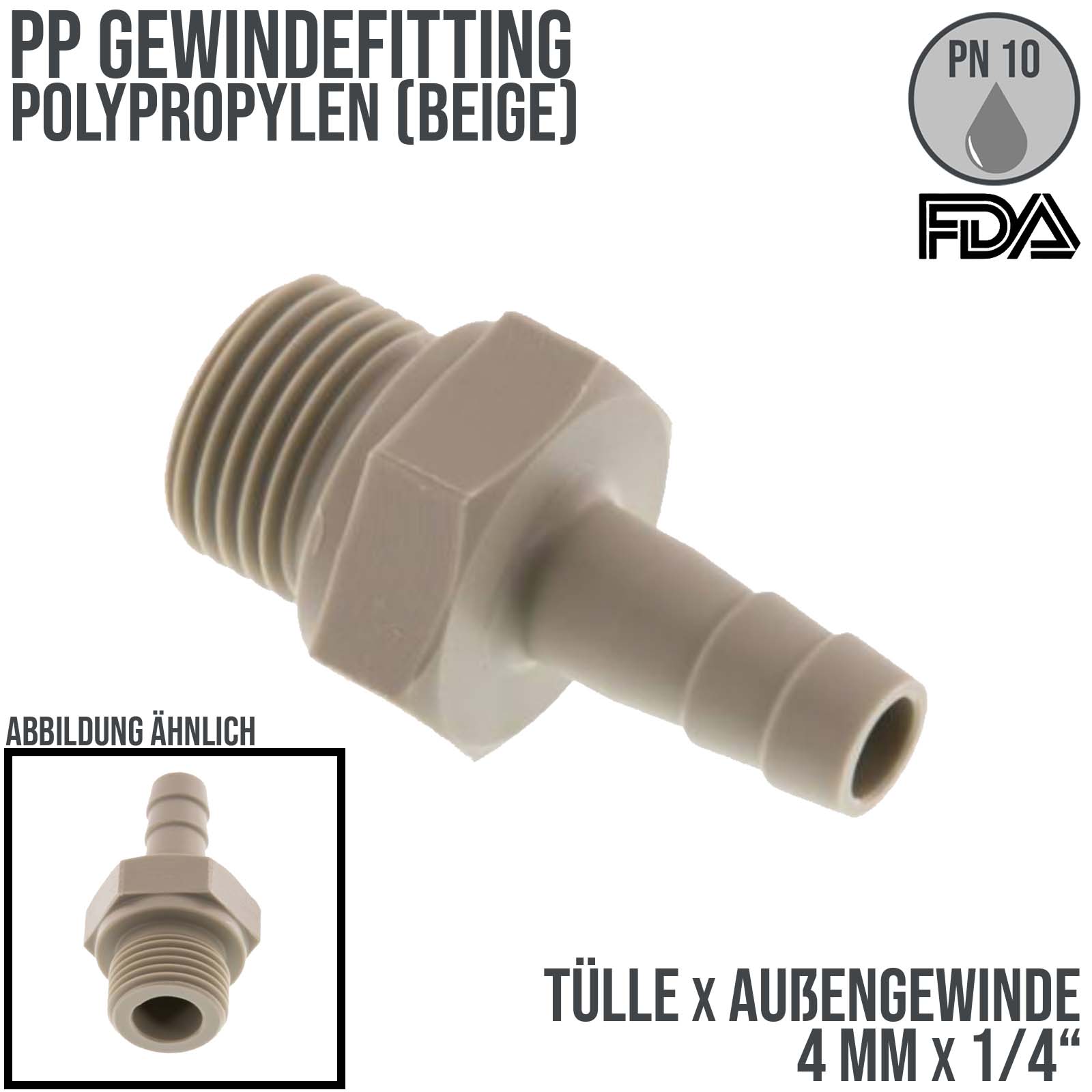 PP Gewindefitting (FDA)| Schlauchtülle x AG -  4mm x 1/4" [PN10]