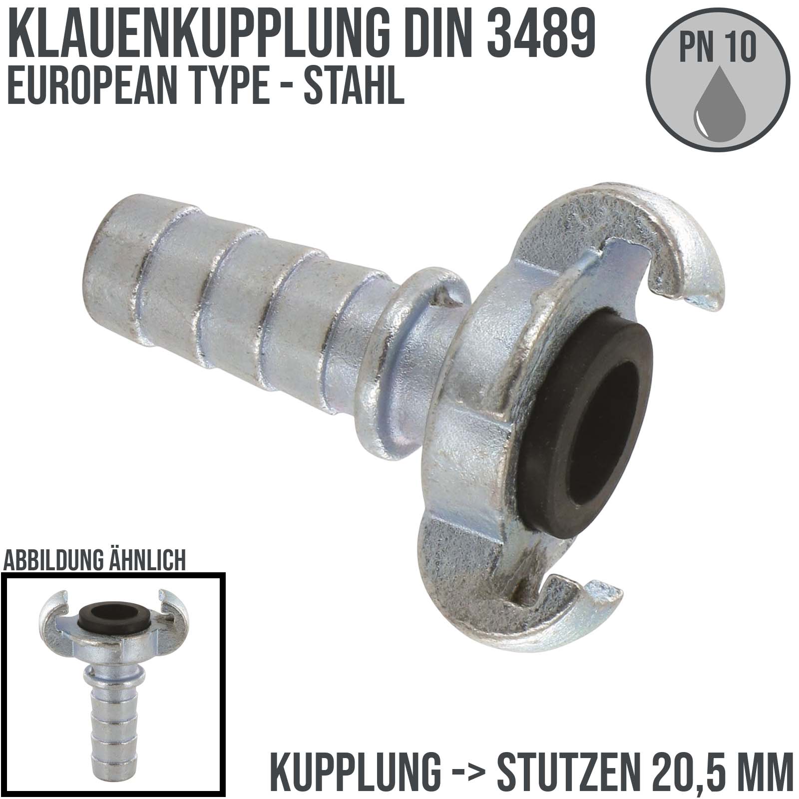 3/4" Klauen Kupplung Stahl European Type Abstand 42 mm Schlauch Stutzen Tülle 20,5 mm - PN 10 bar