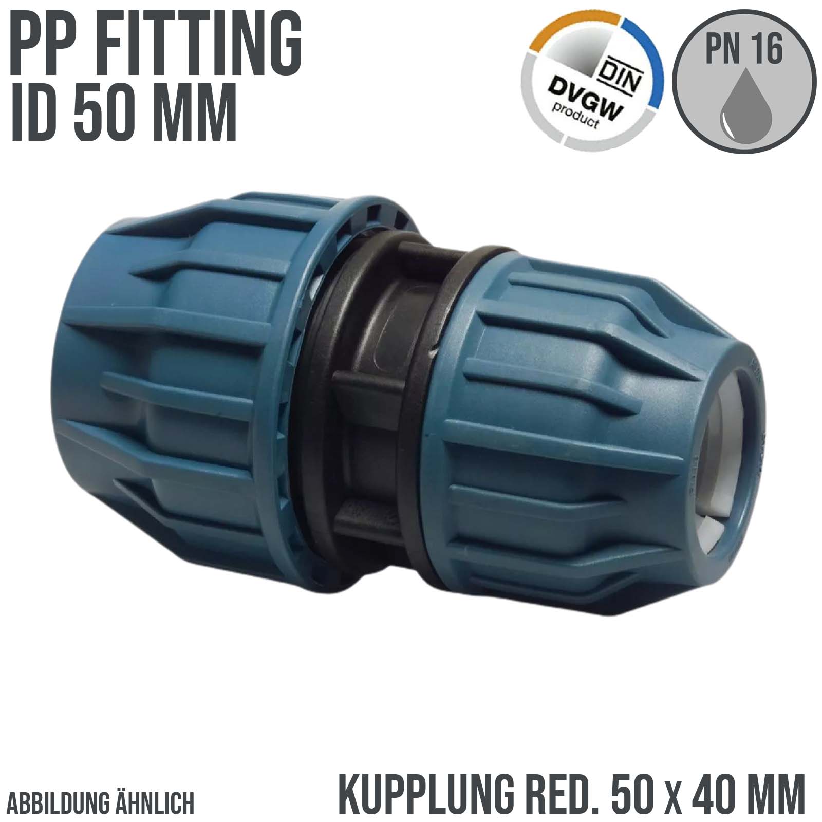 50 x 40 mm PE PP Fitting Klemm Verbinder reduziert Verschraubung Muffe Kupplung DVGW - PN 16 bar
