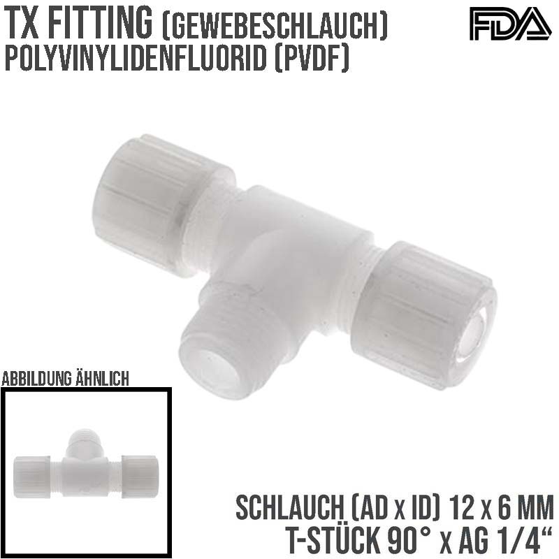 12 x 6 mm x 1/4" T-Stück 90° Außengewinde TX Fitting Gewebe Schlauch Verbinder FDA PVDF weiß - PN 10 bar