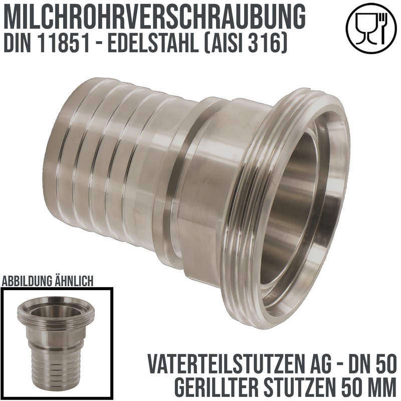 DN 50 Milchrohr Verschraubung DIN 11851 Vaterteil Stutzen VT Außengewinde RD Sicherungsbund - Stutzen gerillt 50 mm - PN 25 bar