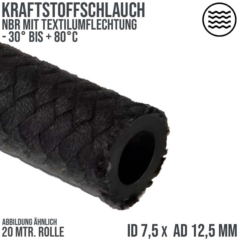 7,5 x 12,5 mm Kraftstoff Benzin Öl Schlauch Textilgeflecht schwarz DIN 73379 - PN 7 bar - 20 m