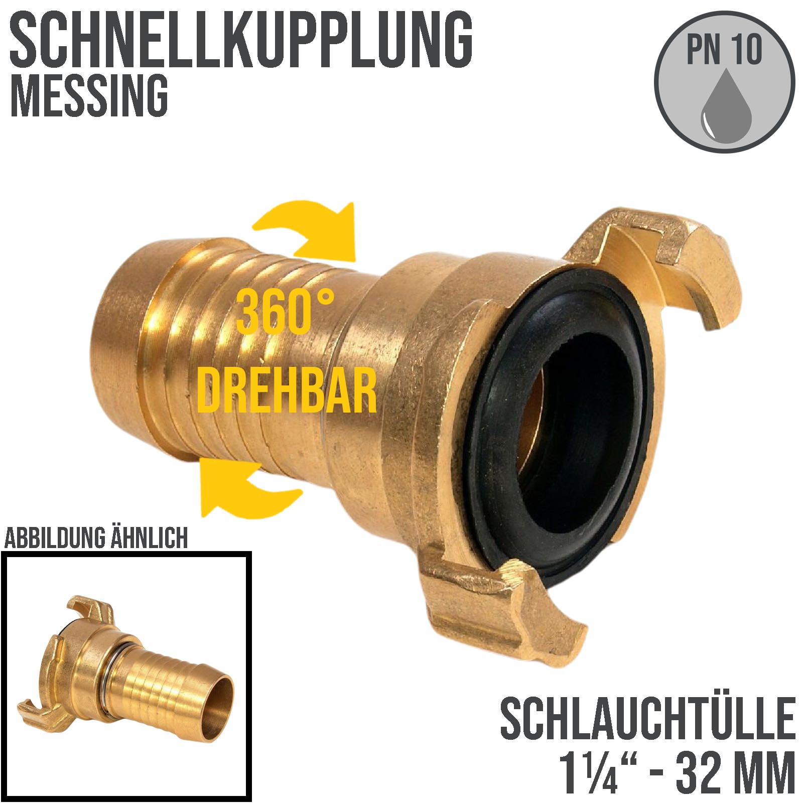 1 1/4" 32 mm  Messing Schlauch Schnell Kupplung Tülle drehbar (GEKA kompatibel) - PN 10 bar