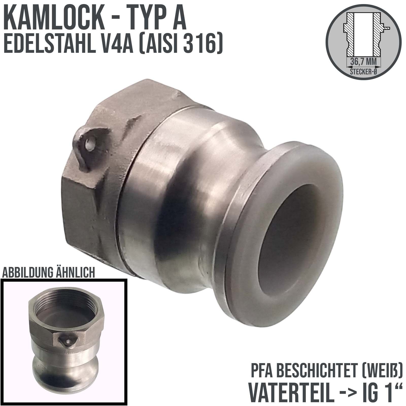 Kamlock Typ A - Vaterteil Edelstahl V2A (AISI 316) - 36,7 mm Stecker mit Innengewinde (IG) 1" Zoll DN 25 PFA beschichtet - PN 25 bar