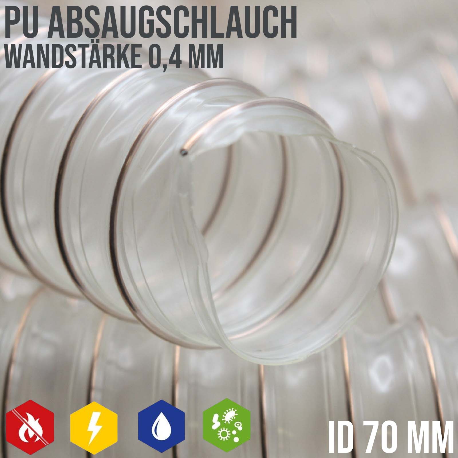 70 mm PU Saug Ansaug Druck Spiral Flex Staub Holz Metall Späne Schlauch Anlage - Wandstärke 0,4 mm  - PN 0,33 bar