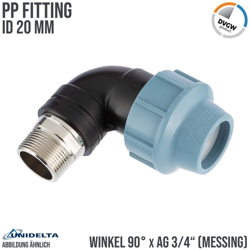 20 mm x 3/4" PE PP Fitting Klemm Verbinder Rohr Winkel 90° x Messing AG DVGW - Unidelta