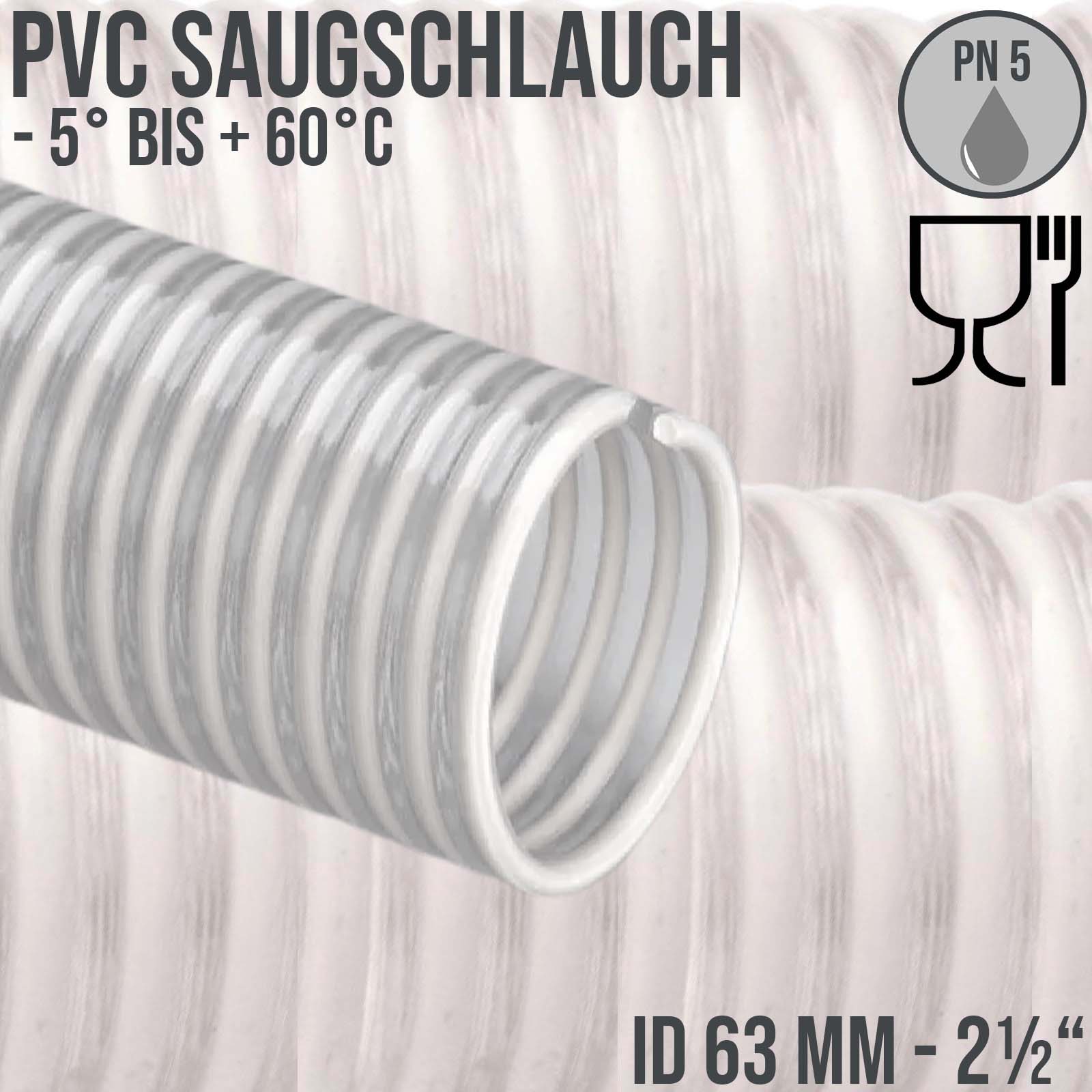 63 mm 2 1/2" Zoll Saug Ansaug Spiral Förder Pumpen Schlauch Lebensmittel Saatgut weiß PN 5 bar