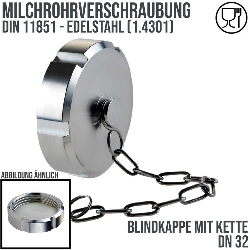 DN 32 Milchrohr Verschraubung DIN 11851 Kappe Verschluss mit Kette - PN 25 bar