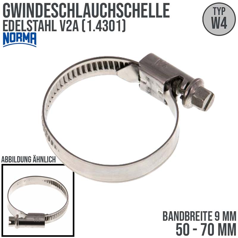 50 - 70 mm NORMA Schlauch Gewinde Rohr Schelle W4 Edelstahl 1.4301 - Band 9 mm