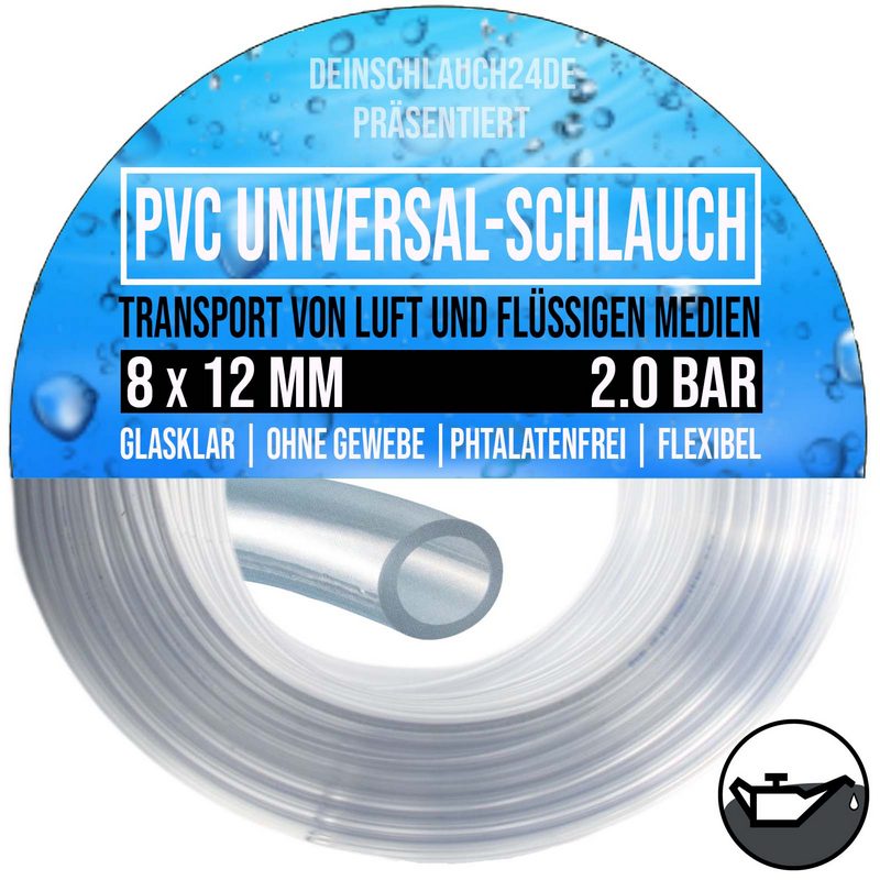 8 x 12 mm PVC Flüssigkeit Öl Luft Wasser Universal Labor Schlauch klar durchsichtig - PN 2 bar