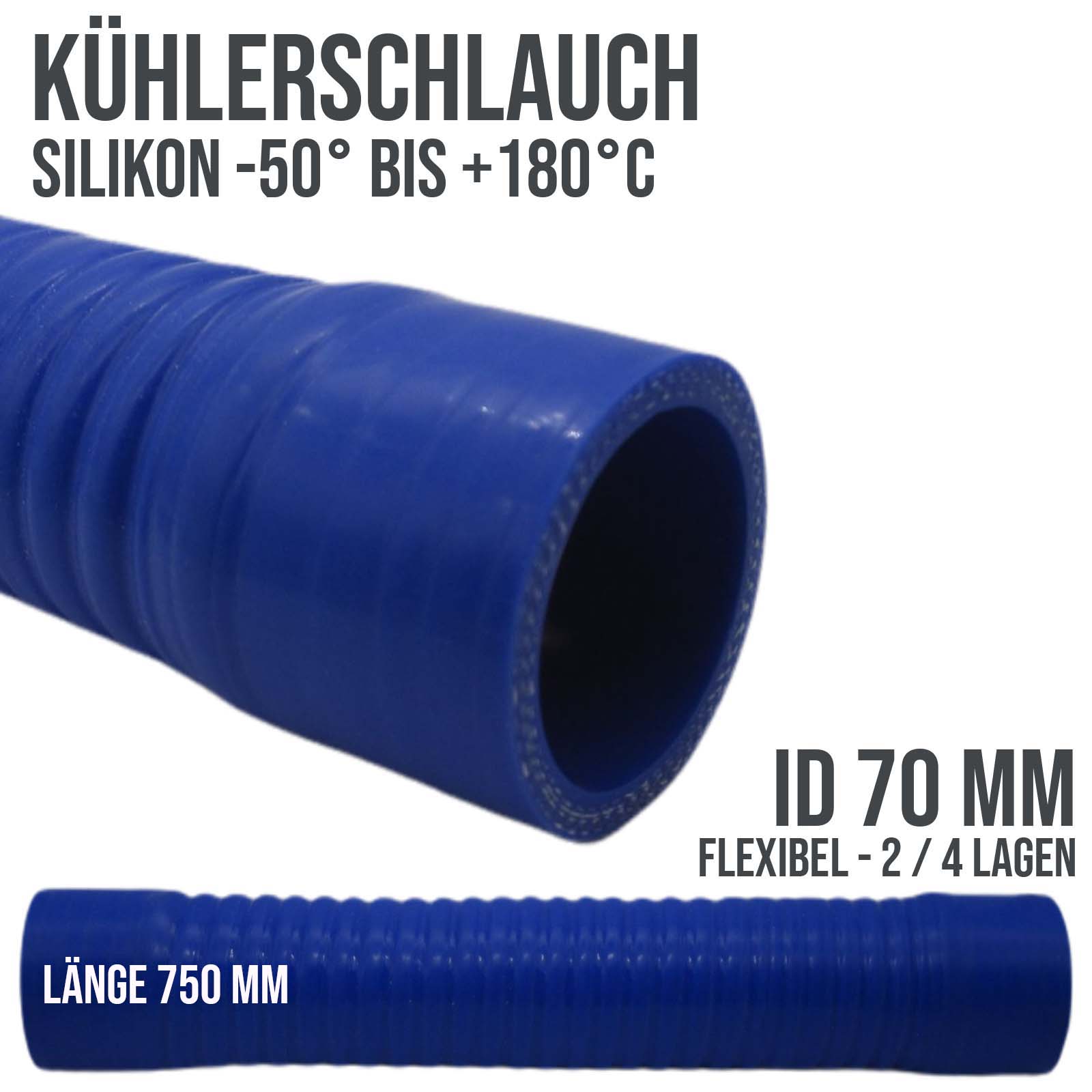 70 x 80 mm leicht flexibler Kühlerschlauch Silikon LLK Ladeluft Kühlmittel Schlauch blau PN 1,5 bar - 750 mm Länge