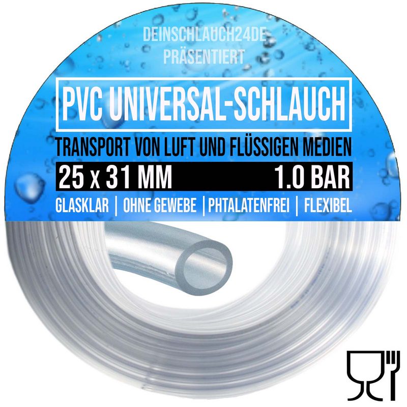 25 x 31 mm PVC Luft Filter Wasser Universal Labor Aquarium Terrarium Schlauch klar durchsichtig - PN 1 bar