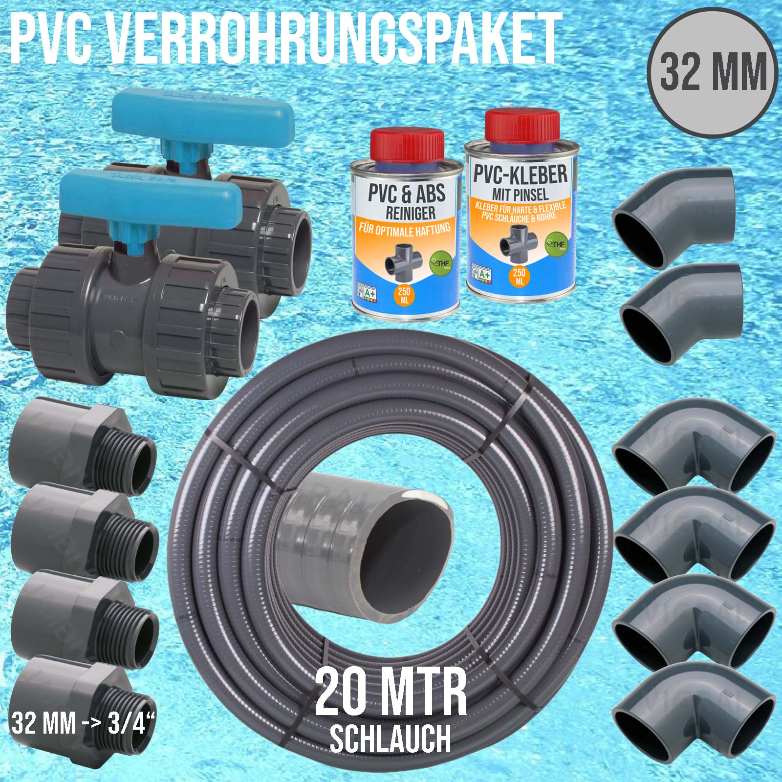 32 mm PVC Klebe Fittings Verrohrungspaket Pool Schwimmbad Schlauch FLEX (3/4") - 20 m - blau