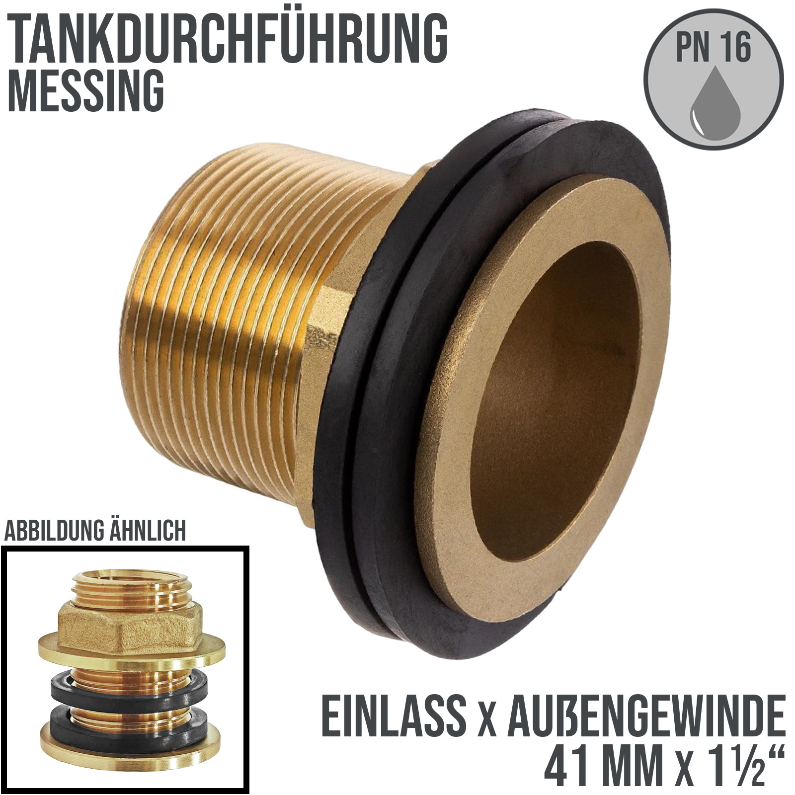 1 1/2" Tank Regen Tonnen Durchführung Connector Messing Einlass (rund) x Außengewinde  - PN 16 bar