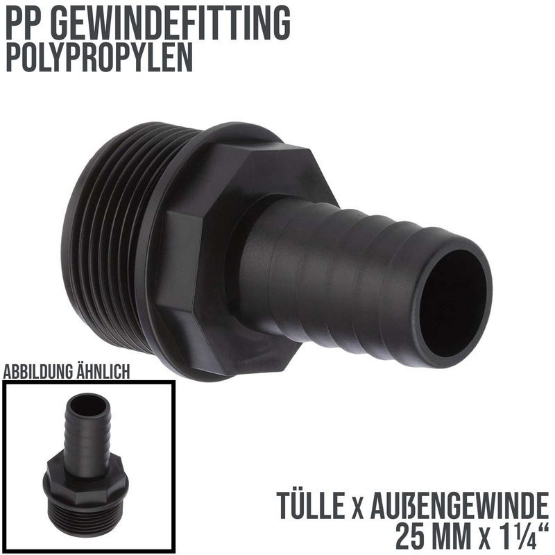 25 mm x 1 1/4 " PP Gewinde Fitting Schlauch Tülle Stutzen Außengewinde AG - PN 6 bar