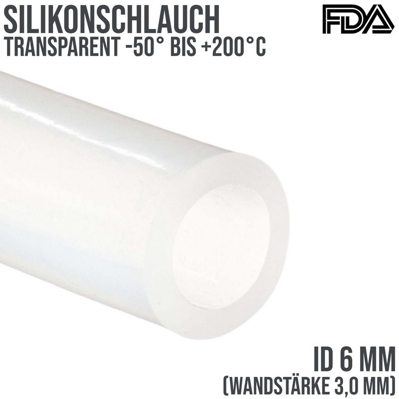 6 x 12 mm Silikon Silicon Milch Schlauch transparent lebensmittelecht FDA 0,63 bar