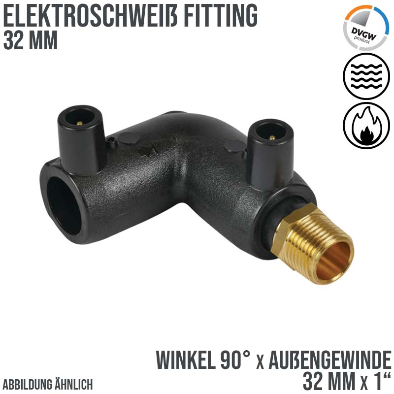 32 mm PE 100 Elektro Schweiß Fitting Winkel 90° x Außengewinde 32 mm x 1" SDR 7,4 DVGW 24 VAC schwarz