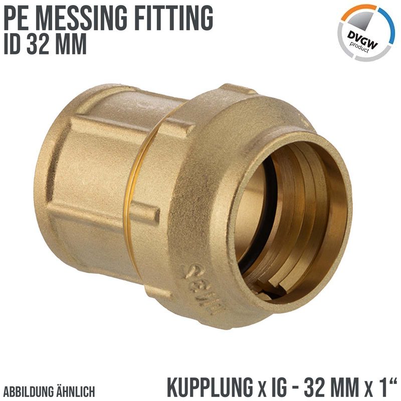 32 mm x 1" PE Fitting Klemm Verbinder Messing Verschraubung Muffe Kupplung x IG DVGW - PN 16 bar