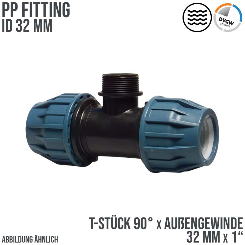 32 mm x 1" PE PP Fitting Klemm Verbinder Verschraubung Rohr T-Stück 90° x AG DVGW - PN 16 bar
