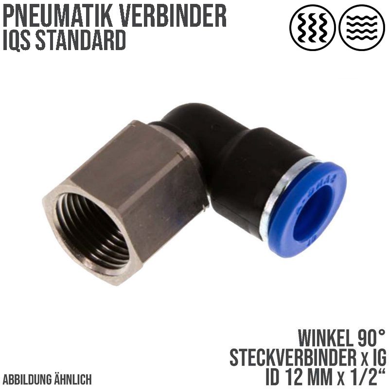12 mm x 1/2" Pneumatik Steck Verbinder Winkel 90° IQS Innengewinde - PN 20 bar