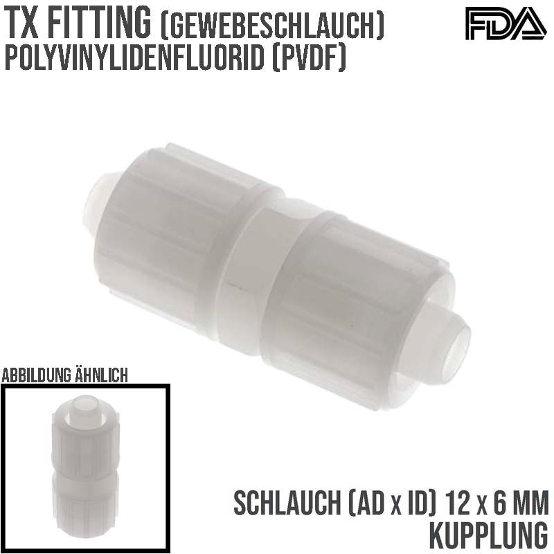 12 x 6 mm Kupplung TX Fitting Gewebe Schlauch Verbinder FDA PVDF weiß - PN 10 bar