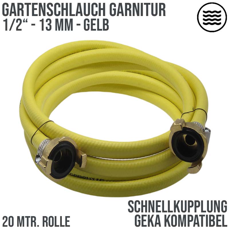1/2" 13 mm Garten Wasser Bewässerung Schlauch Garnitur gelb Schnellkupplung 3 Lagen - PN 8 bar - 20 m