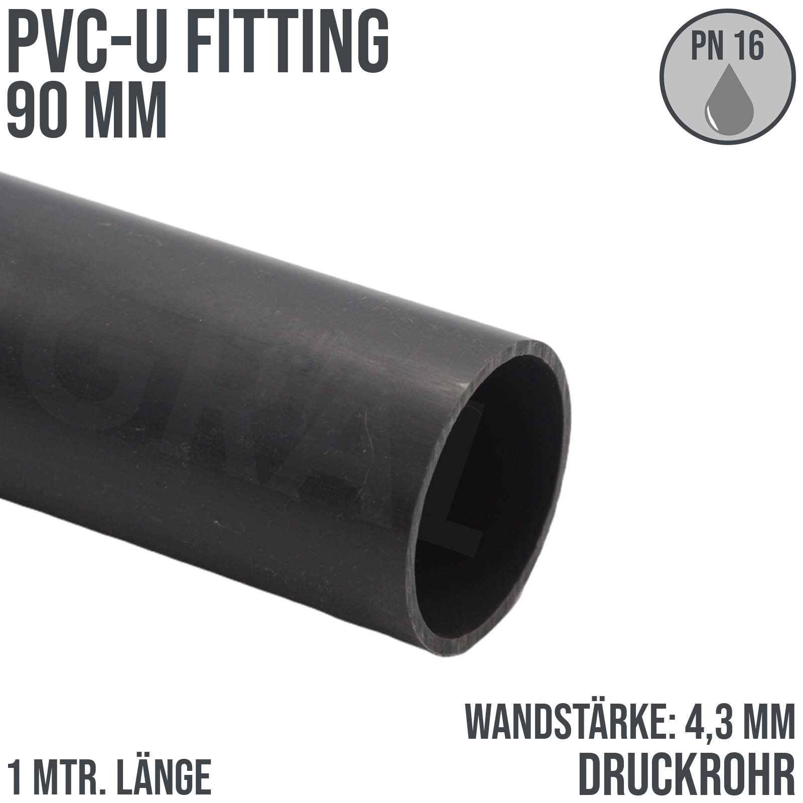 90 x 4,3 mm PVC Klebe Fitting Druck Kunststoff Rohr grau - 1 m Länge - PN 16 bar