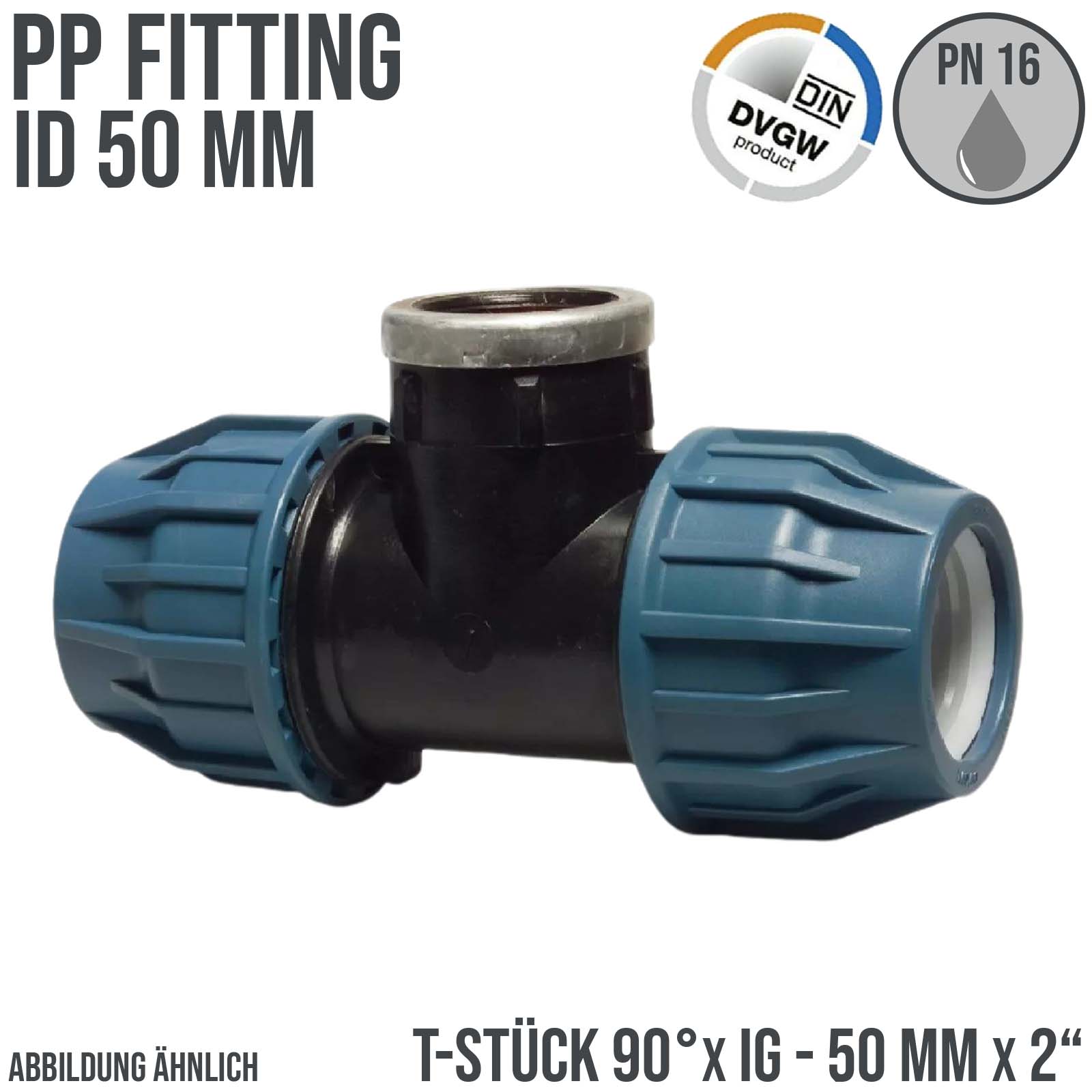 50 mm x 2" PE PP Fitting Klemm Verbinder Verschraubung Rohr T-Stück 90° x IG DVGW - PN 16 bar 