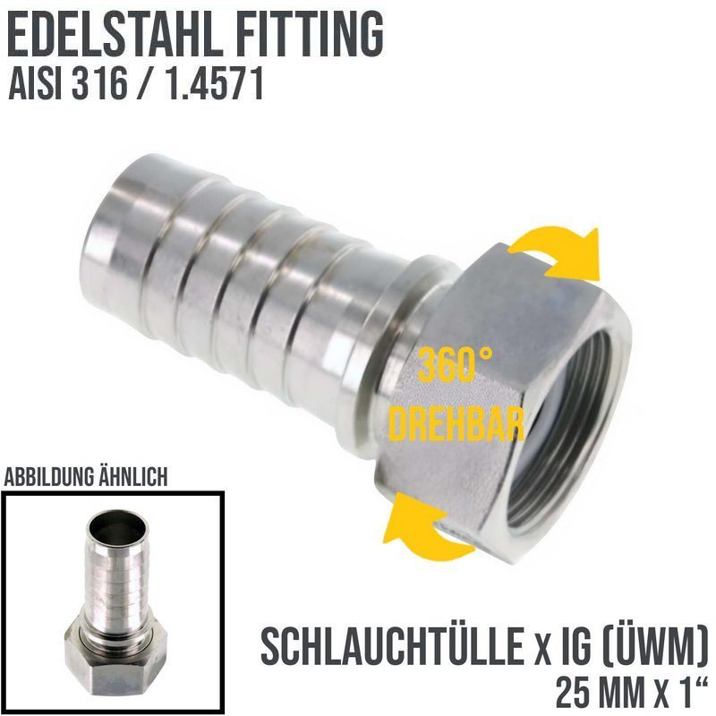 1" x 25 mm Schlauch Tülle Stutzen Innengewinde IG ÜWM Nippel Edelstahl AISI 316 VA Fitting - PN 18 bar