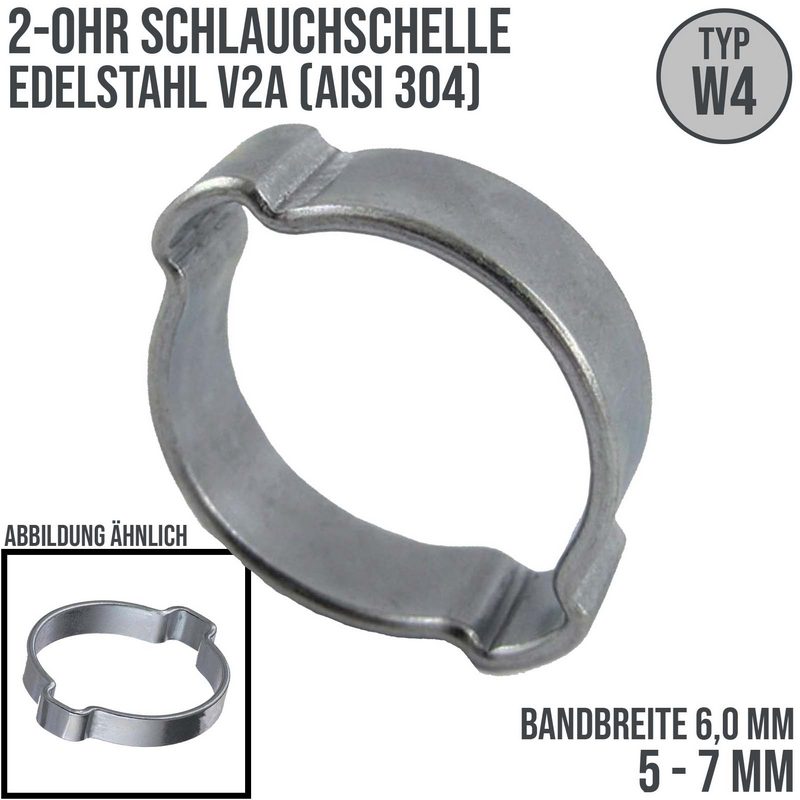 5 - 7 mm 2-Ohr Doppel Schlauch Schelle Edelstahl 1.4307 W4 - Bandbr. 6,0 mm