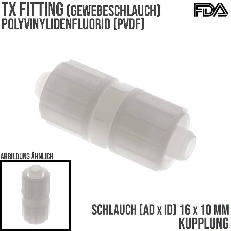 16 x 10 mm Kupplung TX Fitting Gewebe Schlauch Verbinder FDA PVDF weiß - PN 10 bar