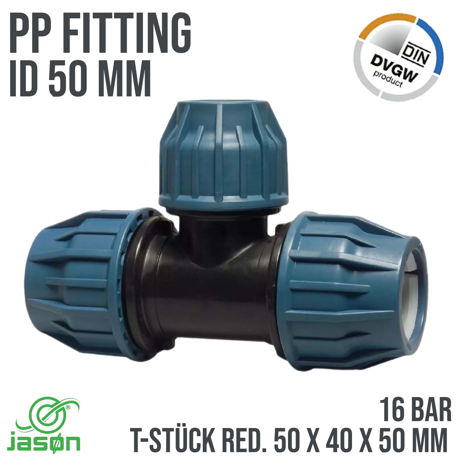 50 x 40 x 50 mm PE PP Fitting Klemm Verbinder Verschraubung Muffe reduziert T-Stück 90° DVGW - PN 16 bar