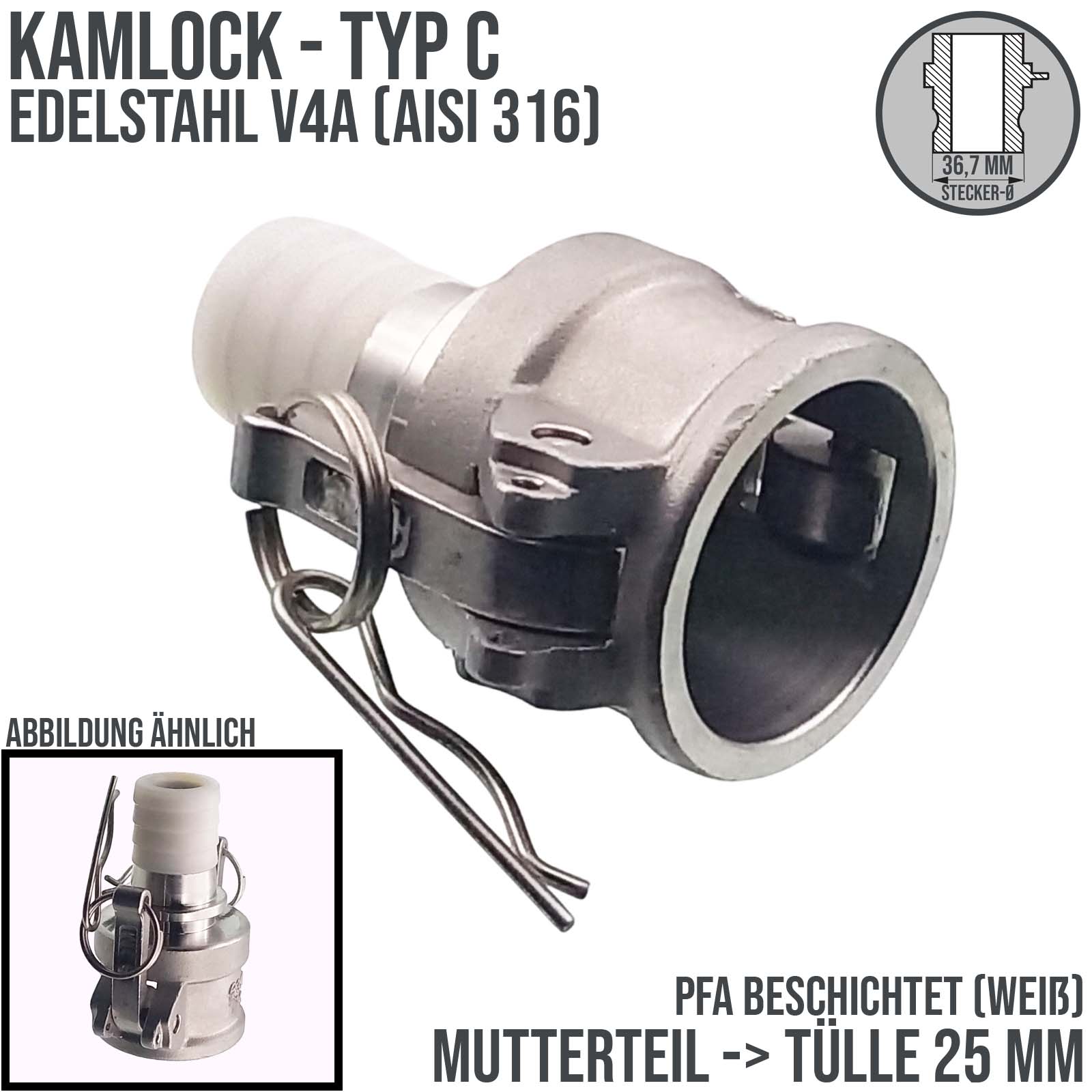 Kamlock Typ C - Mutterteil (36,7 mm) Edelstahl V2A (AISI 316) -> gerillter Stutzen DN 25 mm PFA beschichtet - PN 25 bar