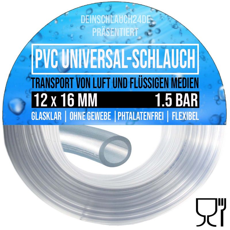 12 x 16 mm PVC Luft Filter Wasser Universal Labor Aquarium Terrarium Schlauch klar durchsichtig - PN 1,5 bar