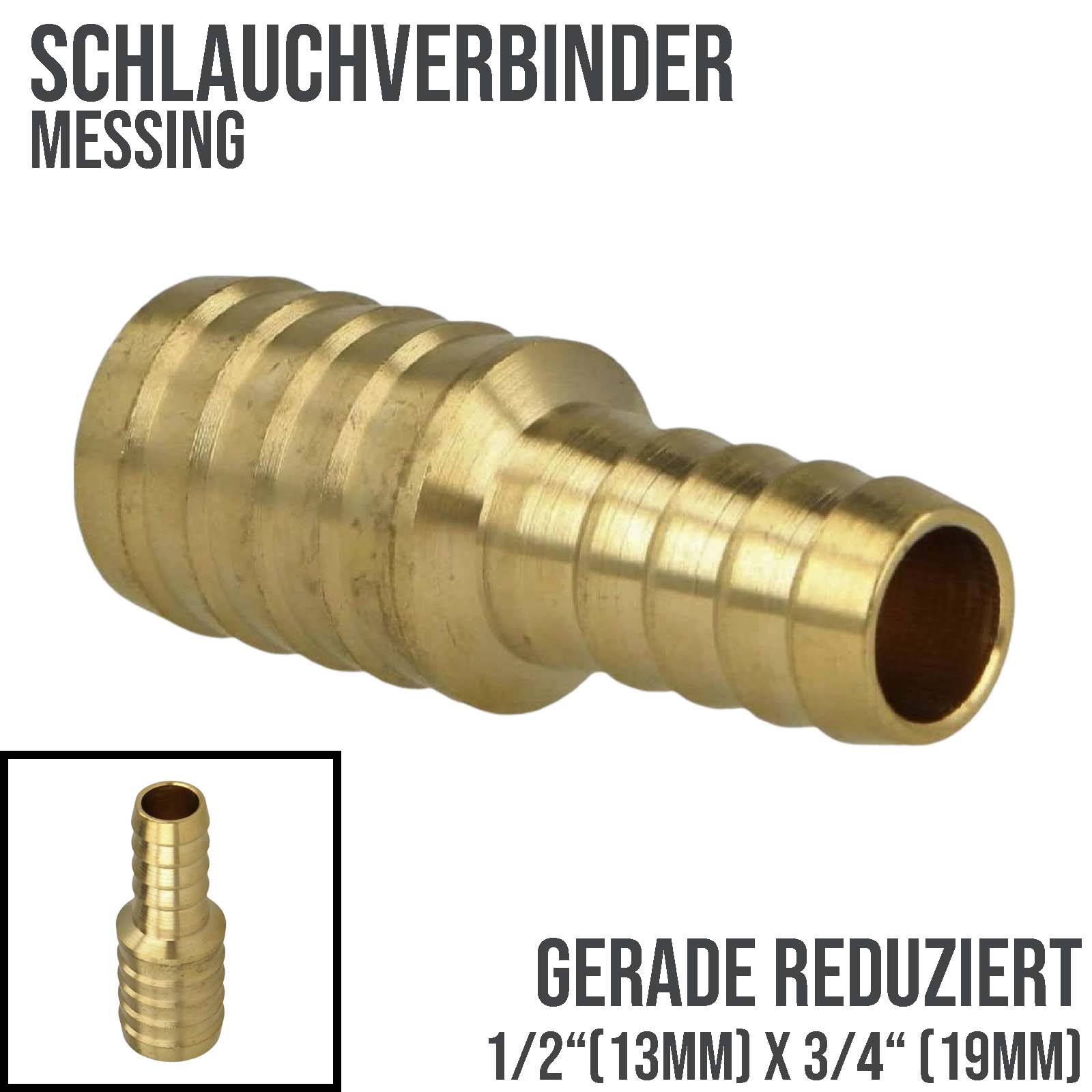 13 mm - 1/2" Zoll x 19 mm - 3/4" Zoll Schlauch Reduzier Verbinder Verteiler Tülle Kupplung Reparatur Messing PN 10 bar