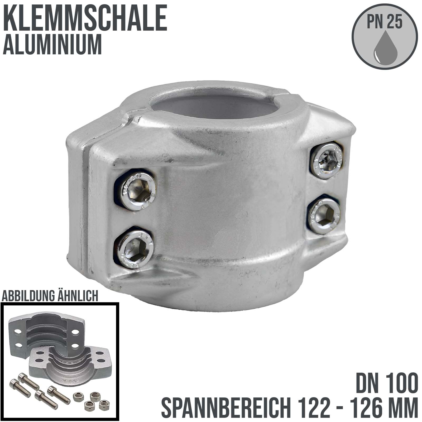 DN 100 Klemmschale Aluminium Spannbereich 122 - 126 mm für Schlauch ID x AD 100 x 124 mm - PN 25 bar